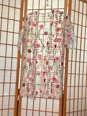 Glance Sheer Floral Embroidered Swim Coverup - Pink & Green L